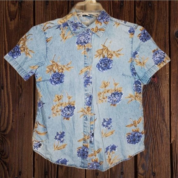 Lemon grass Tops - Vintage Lemon grass retro floral‎ denim  shirt